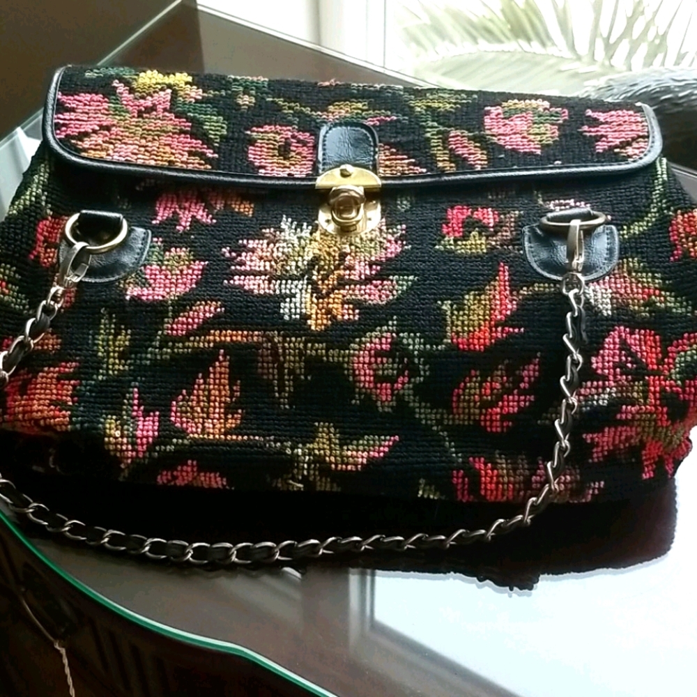 Joclyn USA Mid Century Modern Floral Tapestry Black Satchel